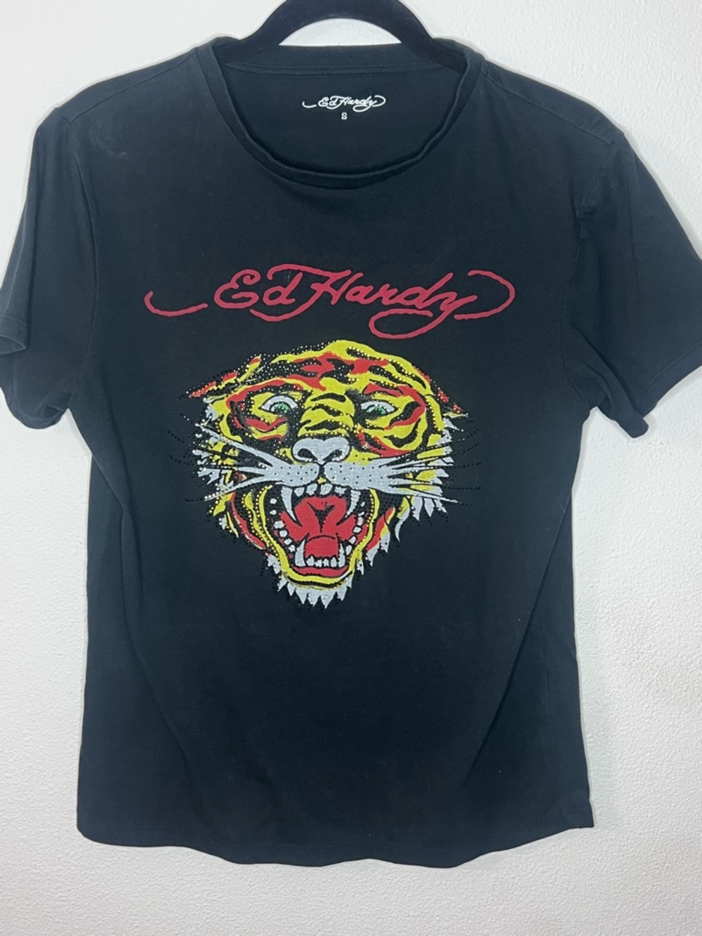 Ed Hardy Black Tee with Red and Yellow Tiger Graphic